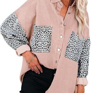 Women’s Oversized Leopard Contrast Denim Jacket Button Down Size Large